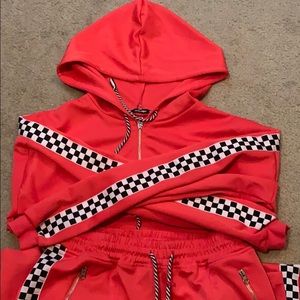 Neon pink checkered sweat pants and crop top